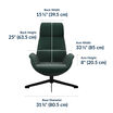 straight on image of moss green lounge chair with measurements