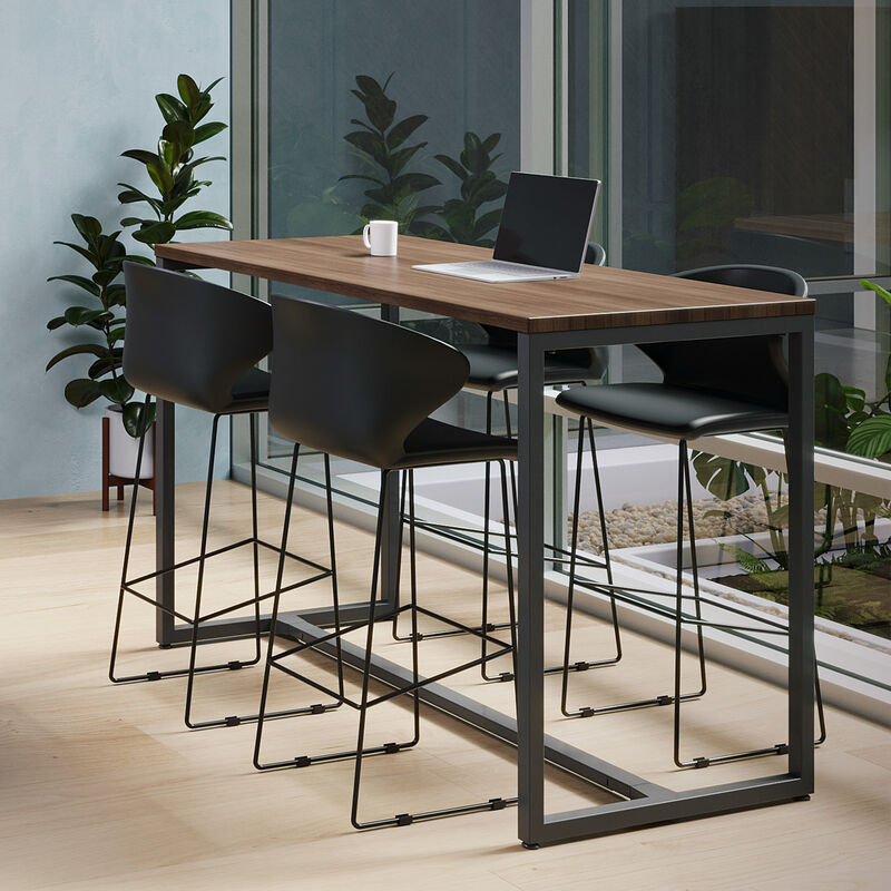standing work table in walnut finish setup in an open meeting environment with four tall chairs image number null