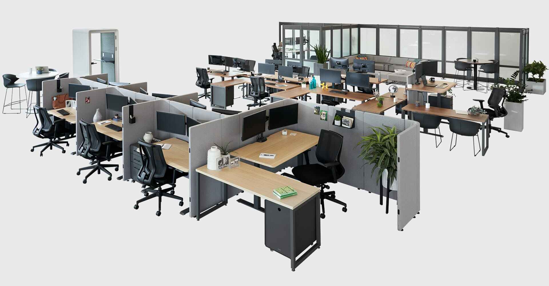 a rendering of an open office layout with many spaces, including a private office, benched desks, breakroom and meeting spaces. the spaces are delineated with quickflex walls on a white background.