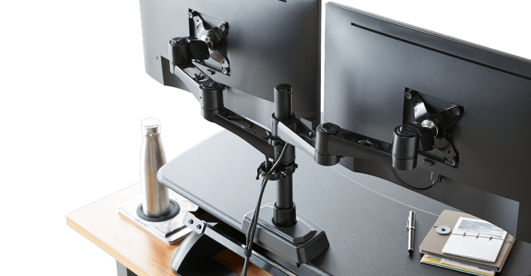 dual monitor arm 180 with a flat design to keep it flush with walls
